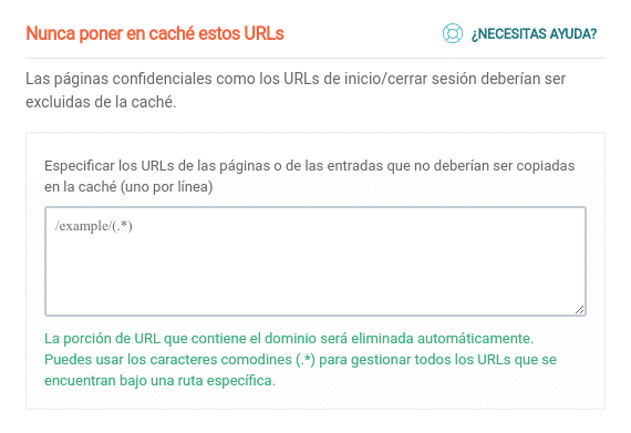 Nunca poner en caché estos URLs WP Rocket