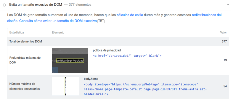 Evita un tamaño excesivo de DOM PageSpeed