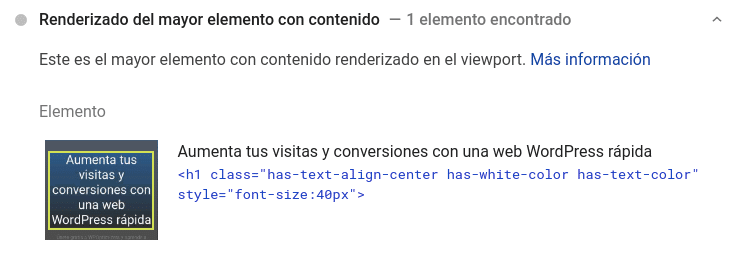 Renderizado del mayor elemento con contenido en PageSpeed